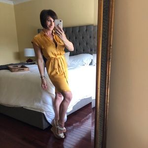 Express, golden, silk, button-front dress - small